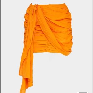 Orange Ruched Drape Front Mini Skirt